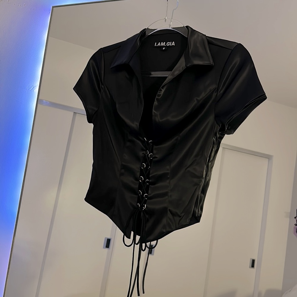 I.AM.GIA Leilani Black Satin Lace Up Collared Top